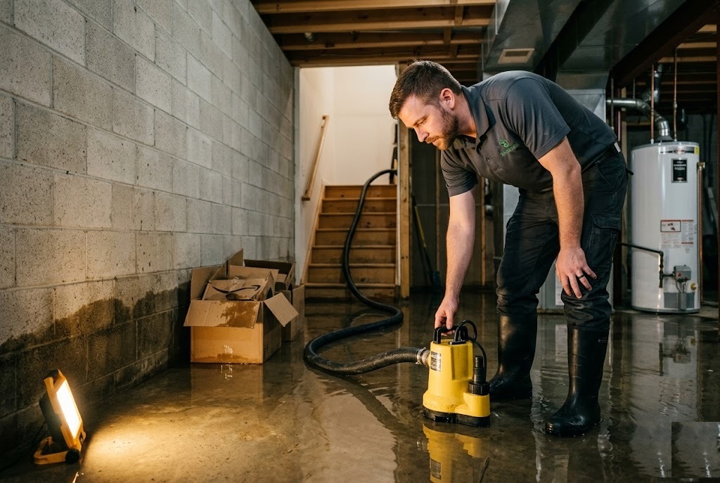 Mold Warrior technician operating a submersible pump to extract standing water from a flooded Columbus basement